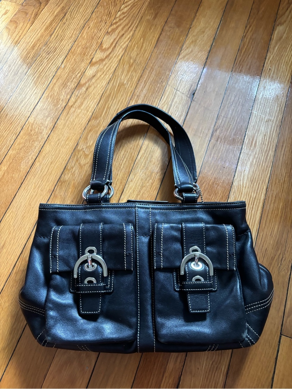 Black Leather Tote Handbag with Front Buckle Pockets